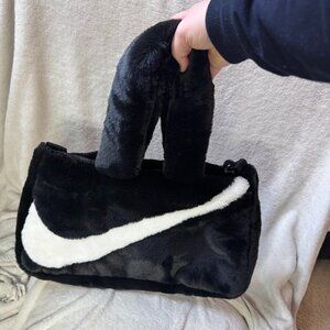 Nike Faux Fur Swoosh Tote Bag Black White Plush Discontinued NWT